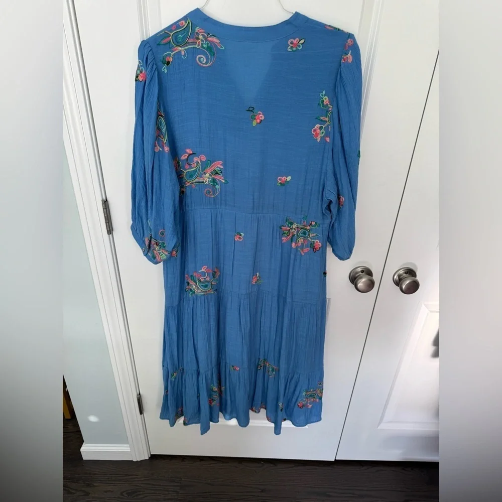 Anthropologie Fig And Flower Dress Womens XL Blue Tiered Embroidered Maxi - Picture 7 of 7